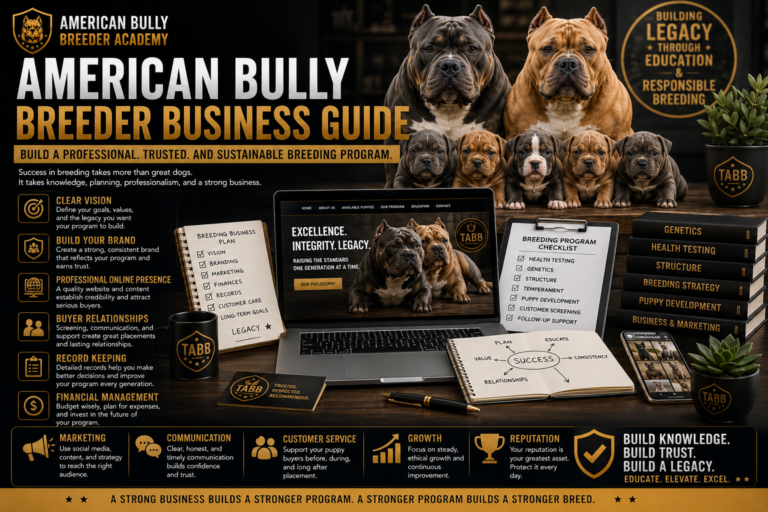 American Bully Breeder Business Guide featuring branding, marketing, customer service, website development, and breeding program management.