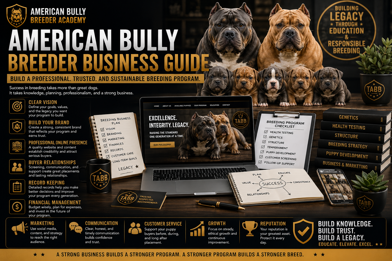 American Bully Breeder Business Guide featuring branding, marketing, customer service, website development, and breeding program management.