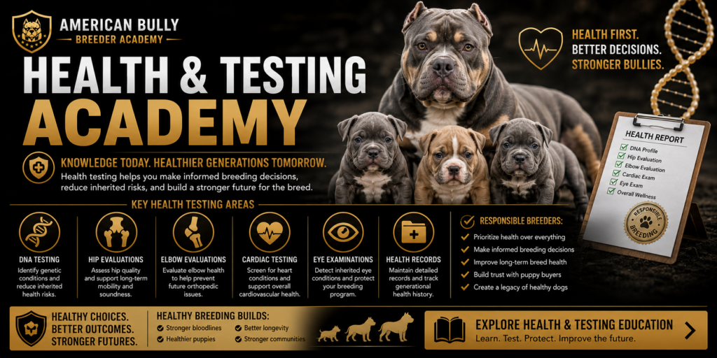 American Bully Health & Testing Academy educational banner covering DNA testing, orthopedic evaluations, cardiac screening, eye examinations, and responsible breeding health practices.