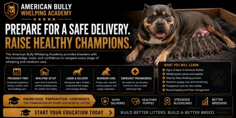 American Bully Whelping Academy educational guide covering labor, delivery, newborn puppy care, litter management, and puppy development.