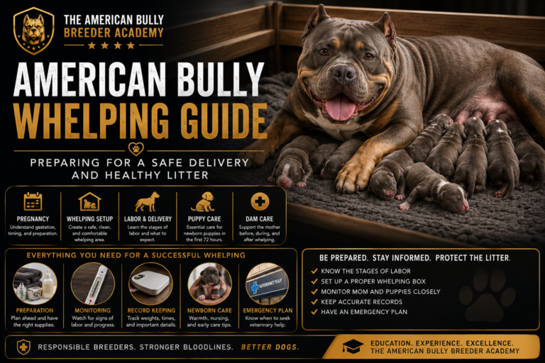 American Bully mother with newborn puppies in a whelping box during the first days after delivery.