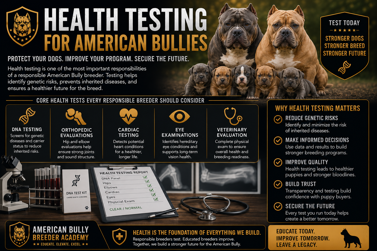 American Bully breeder health testing guide featuring DNA testing, cardiac evaluations, orthopedic screenings, and responsible breeding practices.