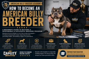 American Bully breeder evaluating a well-structured dog while learning about genetics, bloodlines, structure, and responsible breeding practices.