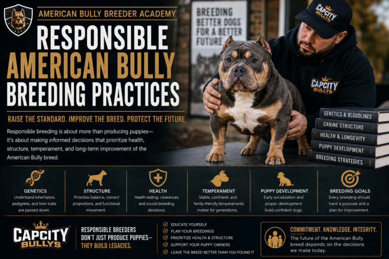 Responsible American Bully breeder evaluating structure, temperament, genetics, and breeding goals to improve future generations.
