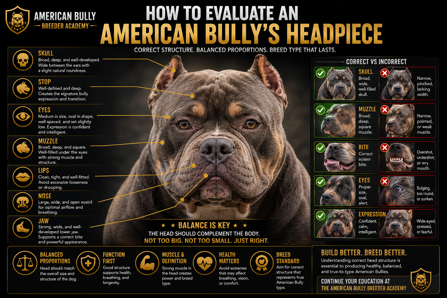 The American Bully Breed | How to Evaluate an American Bully's Headpiece: A Complete Guide to Correct American Bully Head Structure American Bully head structure showing correct skull, muzzle, jaw, eyes, and overall breed proportions.