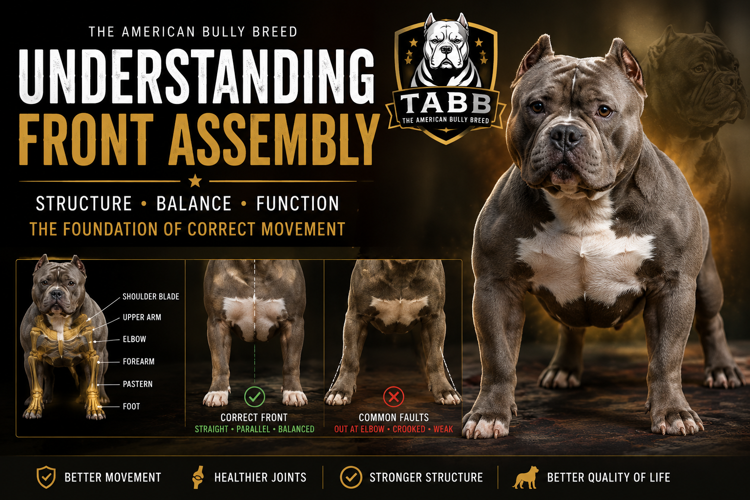 The American Bully Breed | Understanding Front Assembly in American Bullies American Bully front assembly diagram showing correct shoulder placement, upper arm, elbows, pasterns, and proper front structure for balanced movement.