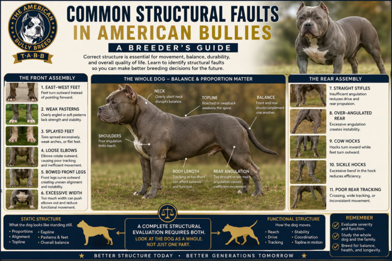 Common structural faults in American Bullies showing front assembly, rear assembly, balance, proportion, and functional structure for breeder evaluation.