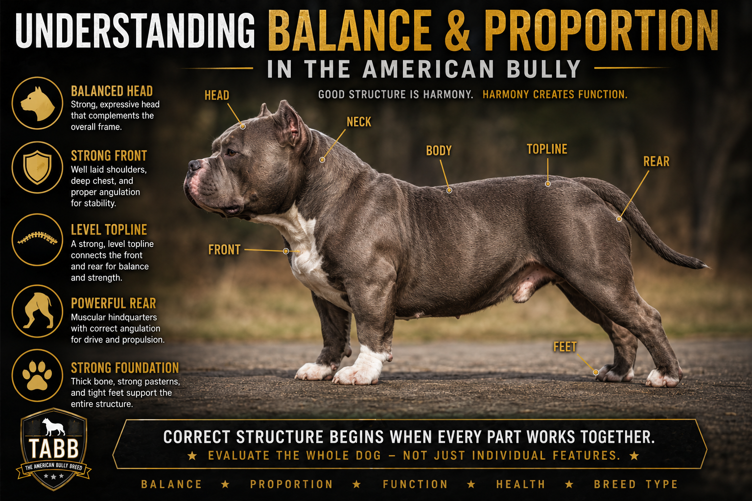 The American Bully Breed | Understanding Balance and Proportion in the American Bully American Bully balance and proportion diagram showing head, neck, front, body, topline, rear, and feet