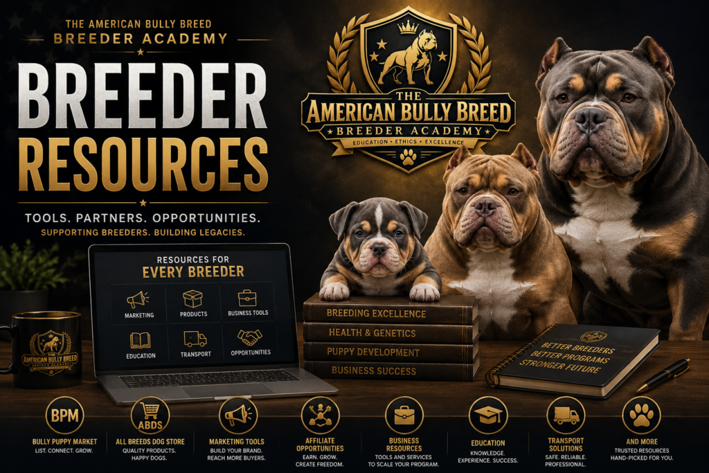 American Bully breeder resources featuring breeding education, marketing tools, business resources, puppy marketplace opportunities, products, and breeder services.