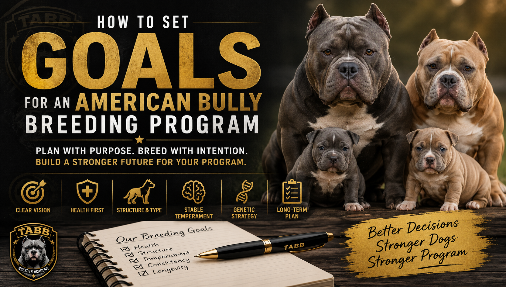 The American Bully Breed | How to Set Goals for an American Bully Breeding Program American Bully breeding program goals guide showing adult American Bullies and puppies with health, structure, temperament, genetics, and long-term breeding goals.
