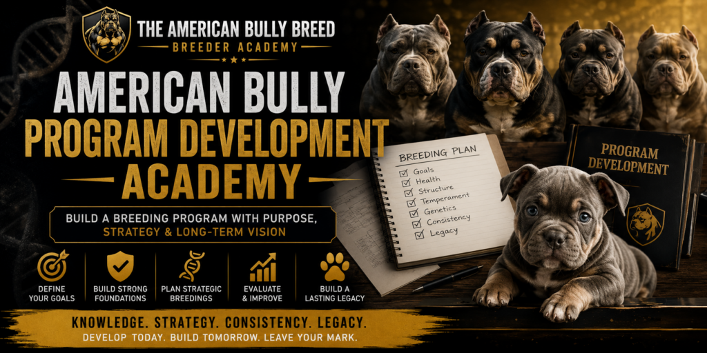 American Bully Program Development Academy featuring breeding program goals, genetics, health, structure, evaluation, strategic planning, and long-term breeder development.