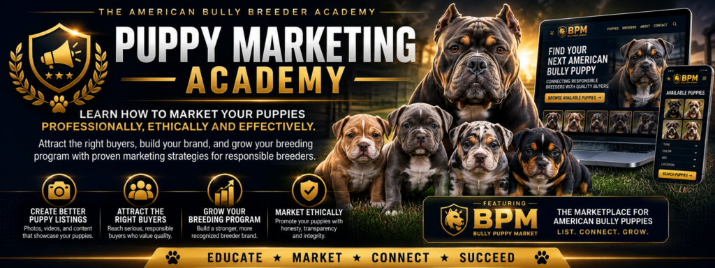 Puppy Marketing Academy for American Bully breeders featuring puppy marketing, breeder branding, buyer outreach, ethical marketing, and Bully Puppy Market.