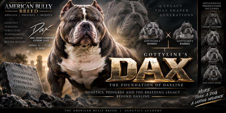 Gottyline’s Dax American Bully highlighting the genetics, pedigree, production and breeding legacy behind Daxline.